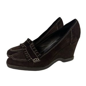 Via Spiga Kiltie Suede Wedge Shoes Dark Brown 9.5